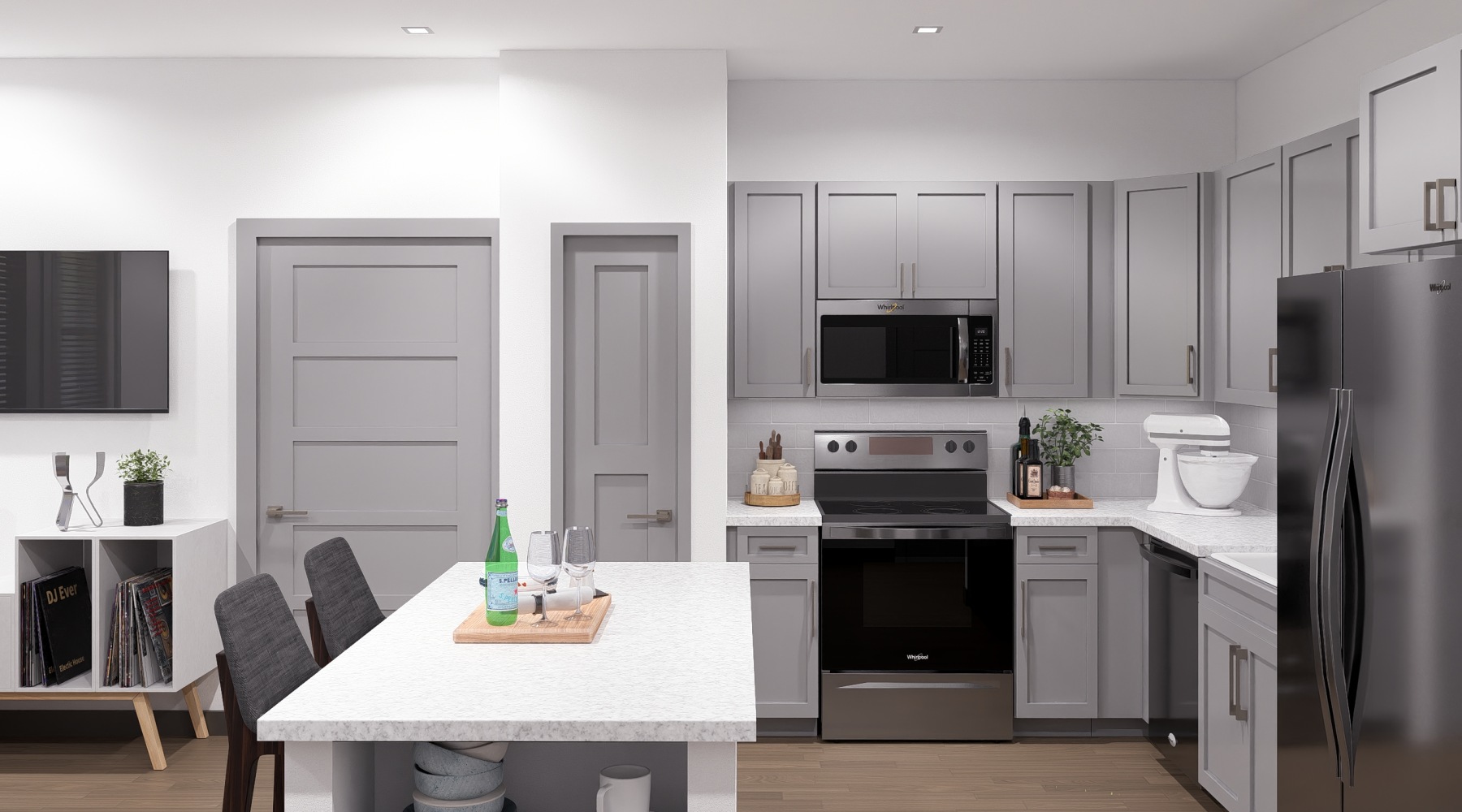 a kitchen with a counter top