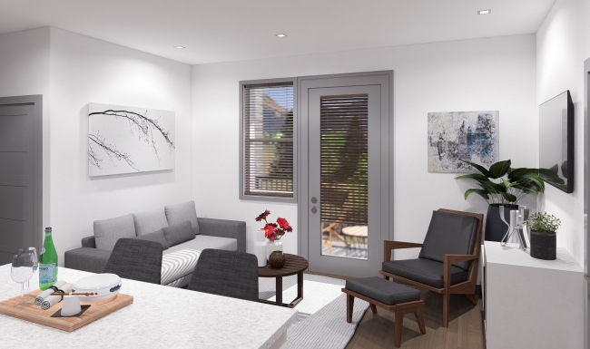Living Room with a gray couch with a coffee table