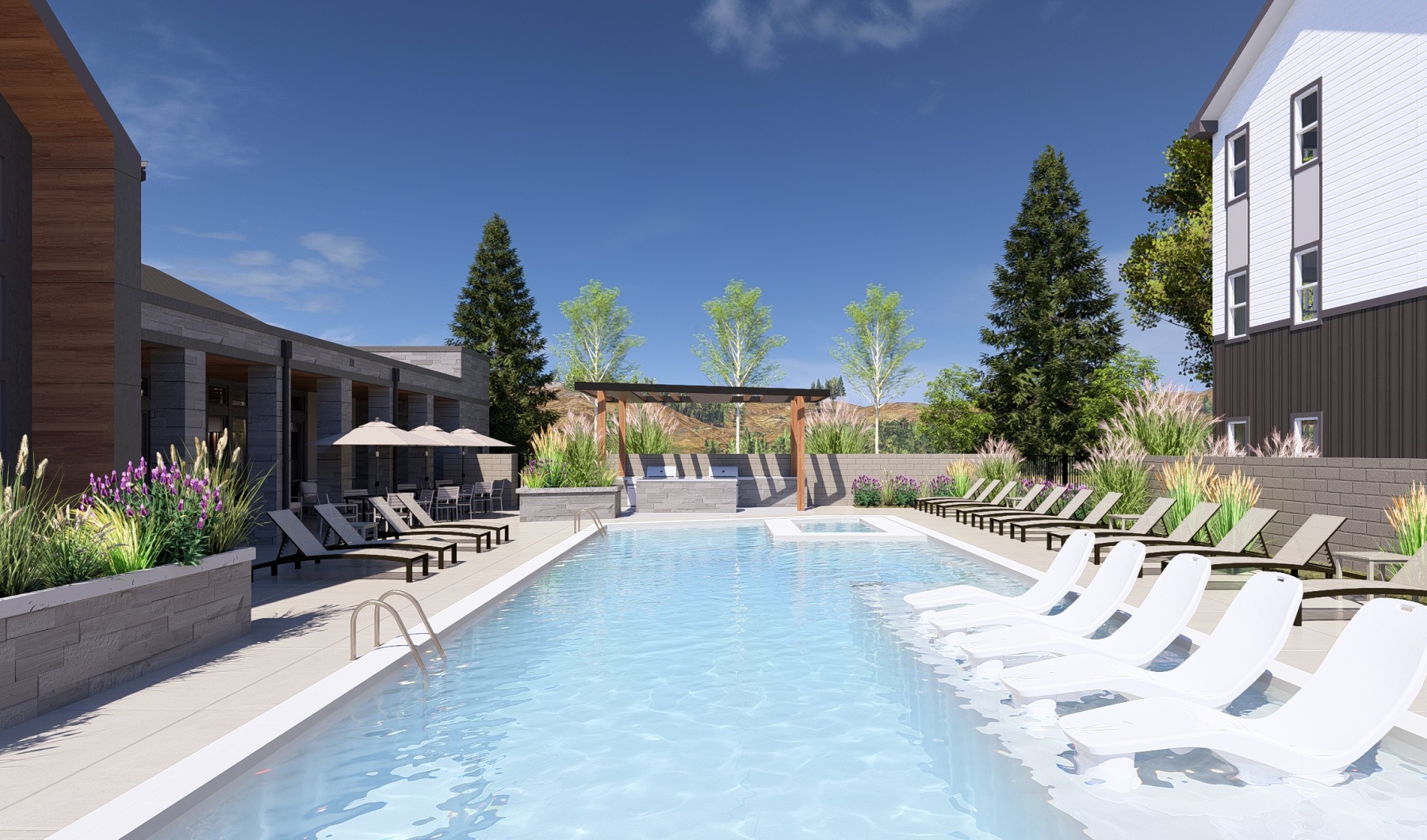 Pool with hot tub and lounge seating