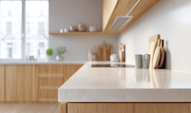 a kitchen with white countertops