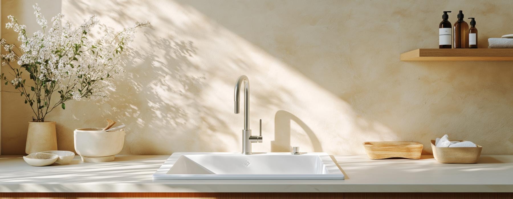 a sink and a shelf with dishes